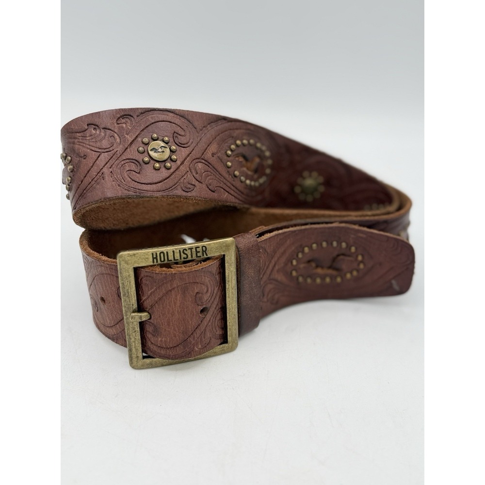 VTG Hollister Leather Belt S Small Brown Tooled Studded Western Boho Y2K Floral